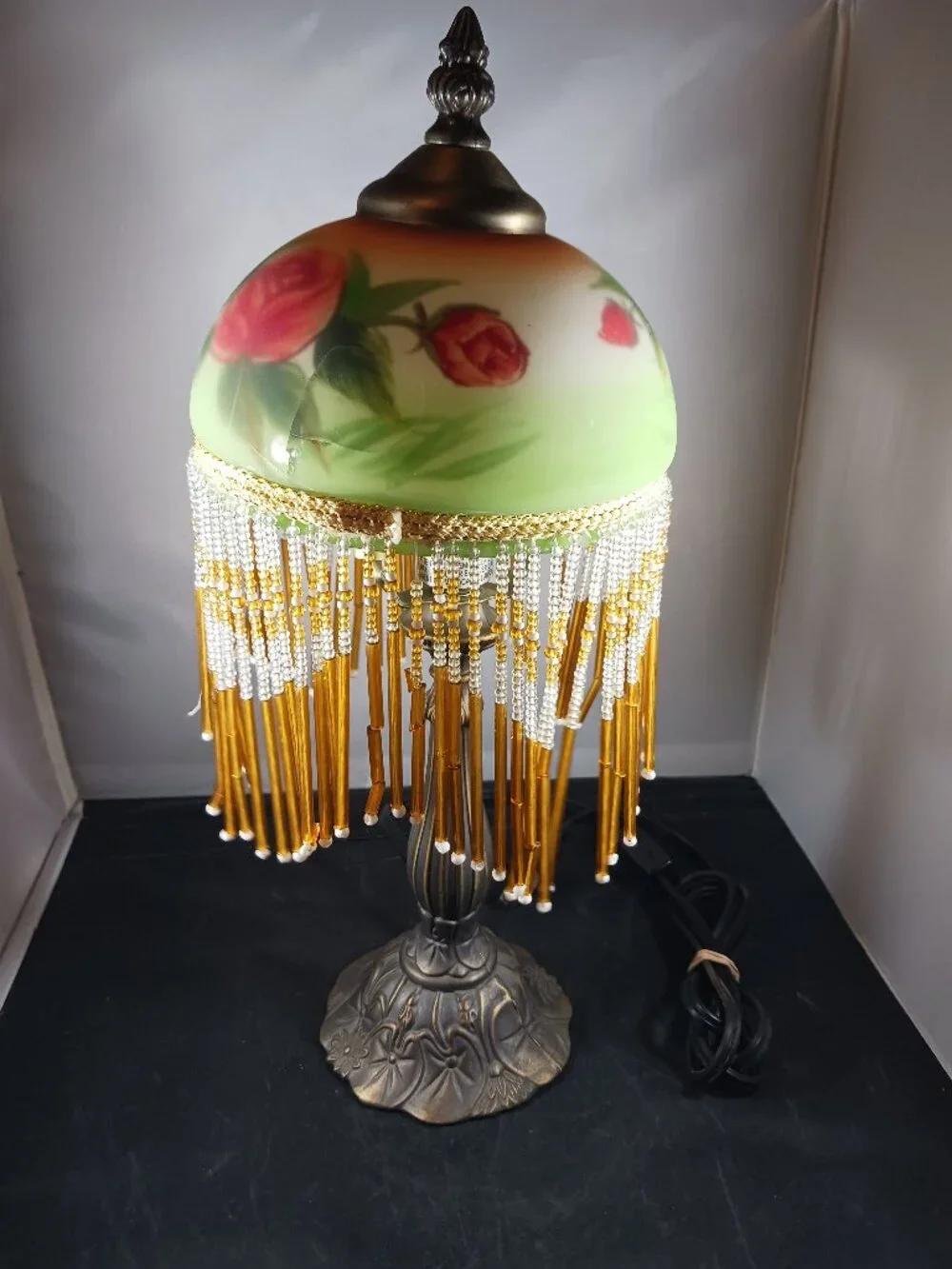 Vintage Floral Table Lamp with Beaded Fringe Tiffany Style Hand Painted Shade